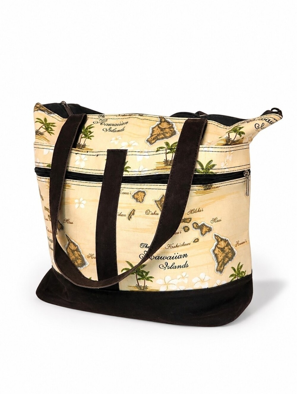 Tropical Hawaiian Islands Waxed Canvas Tote Bag in Cream and Black